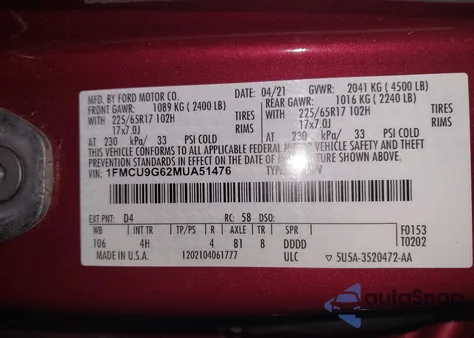 2021 Ford Escape Se из США, поврежденный, VIN 1FMCU9G62MUA51476